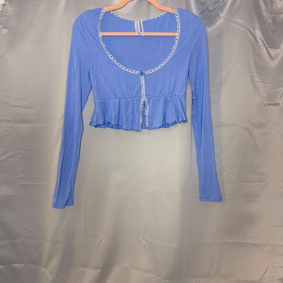 Out From Under Blue Lace Trim Ruffle Crop Top Long Sleeve Rosette Coquette XS - Picture 2 of 11